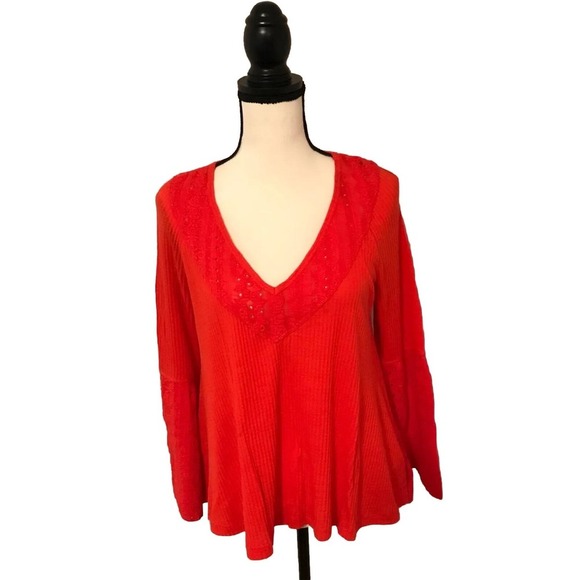 FREE PEOPLE Parisian Nights Eyelet Lace Bell Sleeve Red/Orange - Extra Small - Picture 1 of 9